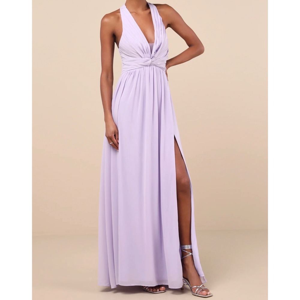 Lulus Marilina Lavender Purple Pleated Halter Twist Front Maxi Dress Side Slit L